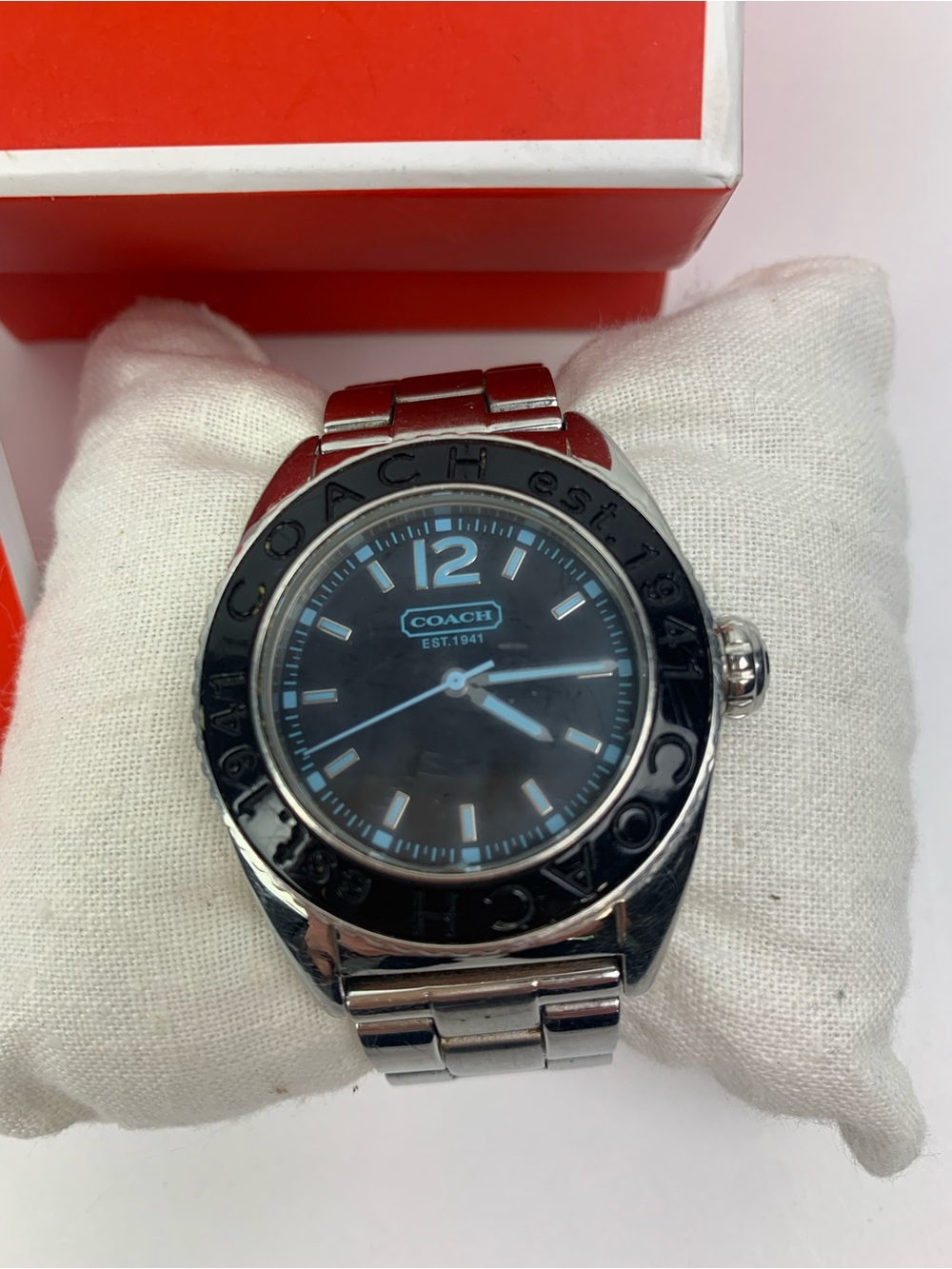 Coach Wrist Watch Andee Unisex Boyfriend Analog Quartz Black Blue Large Silver - Picture 3 of 6